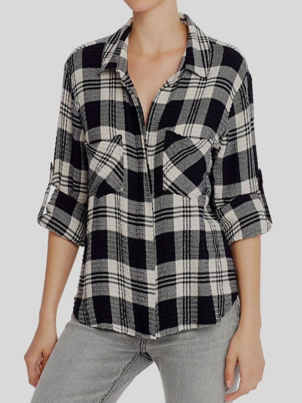 Bella Dahl Plaid Split Back Button Down Highland Peak‎ S Black White Oversized